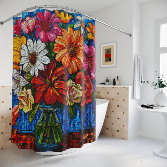 Mosaic Vibrant Bouquet Of Garden Flowers Polyester Shower Curtain