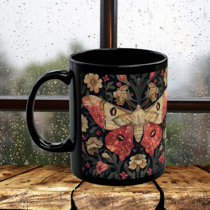 William Morris Inspired Botanical Rosy Maple Moth Black Mug 11oz, 15 oz