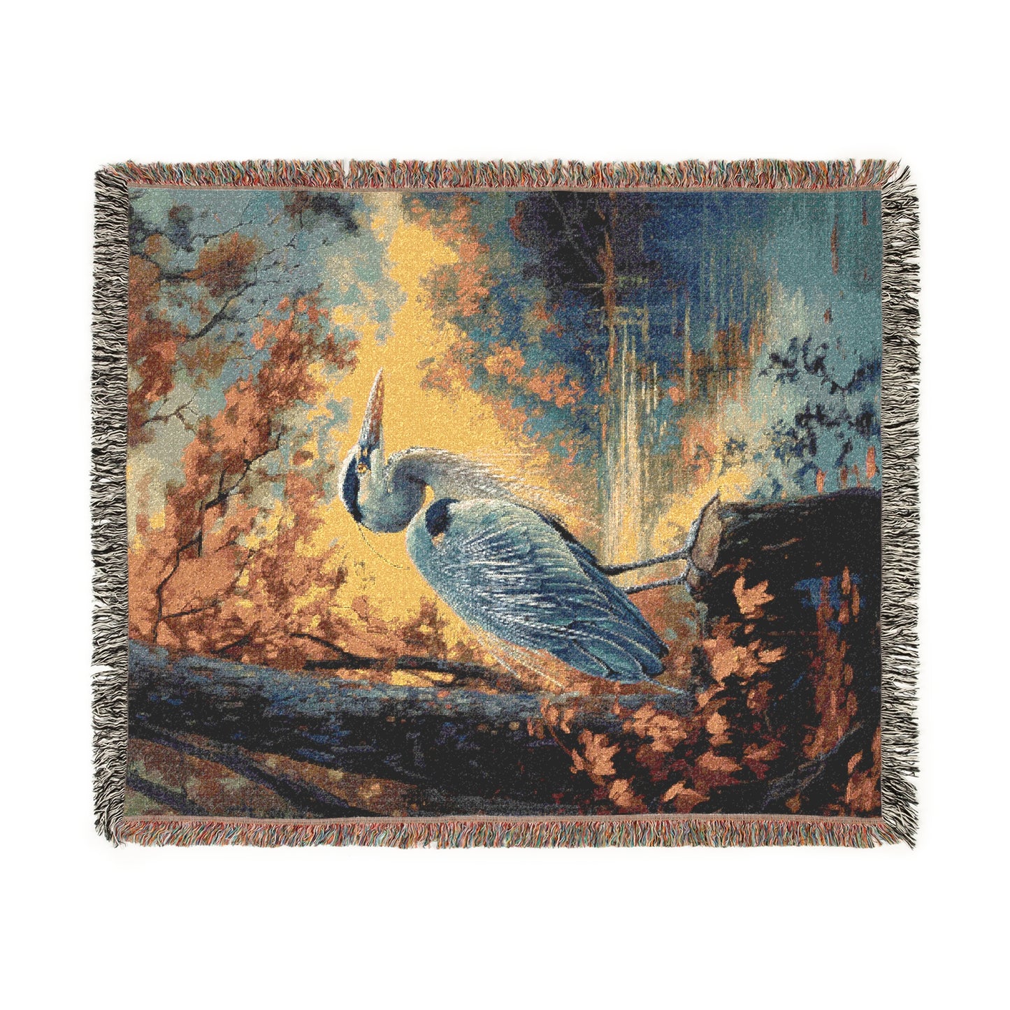 Woven Heron Woven Blanket, Autumn Lake Scene, Nature-Inspired Bird Throw, Cozy Tapestry Blanket for Wildlife Bird Lovers