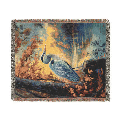 Woven Heron Woven Blanket, Autumn Lake Scene, Nature-Inspired Bird Throw, Cozy Tapestry Blanket for Wildlife Bird Lovers