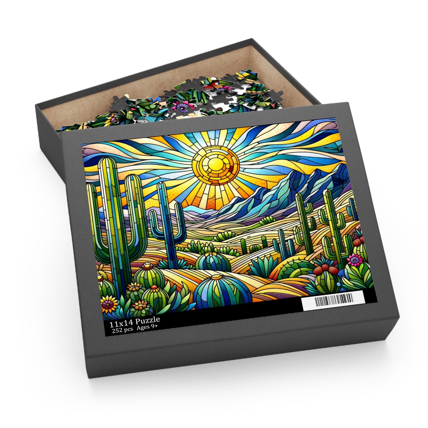 Cactus Dessert Scene Stained Glass Jigsaw Puzzle Box (120, 252, 500-Piece) Adult Jigsaw Puzzle, Gift Him Her
