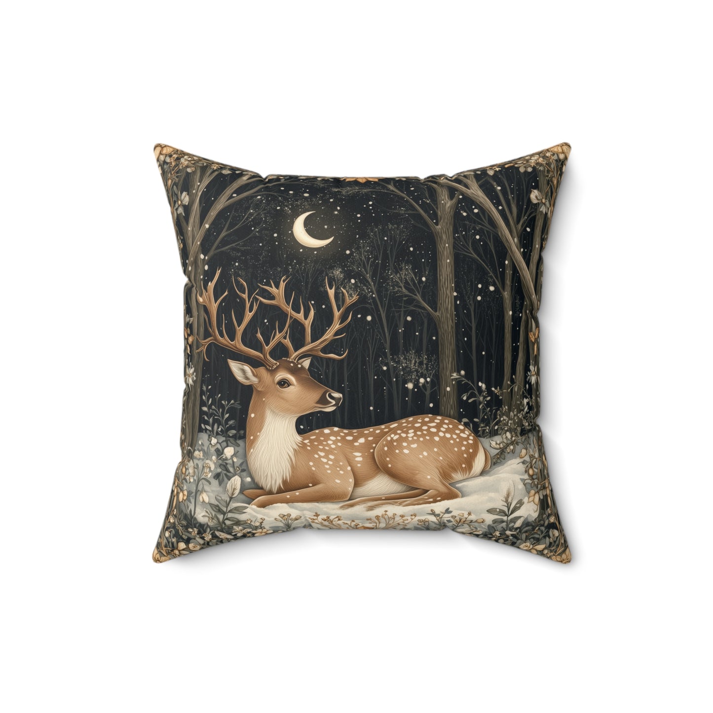 Winter Night Deer Throw Pillow, Crescent Moon Woodland Decorative Pillow