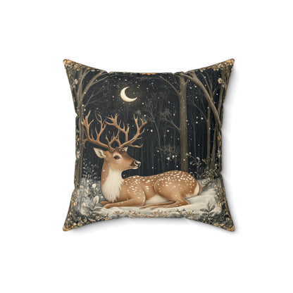 Winter Night Deer Throw Pillow, Crescent Moon Woodland Decorative Pillow