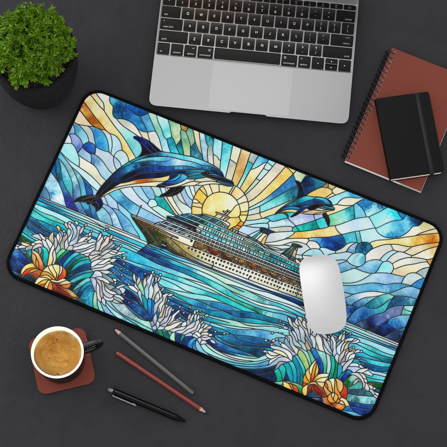 Cruise Ship Dolphins Stained Glass  Desk Mat 2 Sizes | Office Decor GiftDesk Mats