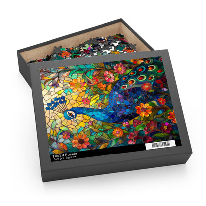 Stained Glass Peacock Wildflowers Puzzle Box (120, 252, 500-Piece) Family Jigsaw Puzzle, Puzzle Box Gift