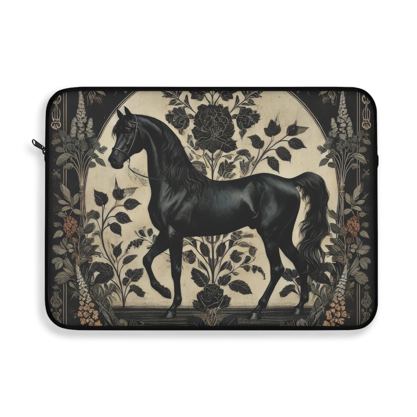 Black Stallion Laptop Sleeve, William Morris Inspired Vintage Horse Art Case, Elegant Floral Laptop Cover (12”, 13”, 15”)