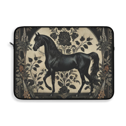 Black Stallion Laptop Sleeve, William Morris Inspired Vintage Horse Art Case, Elegant Floral Laptop Cover (12”, 13”, 15”)