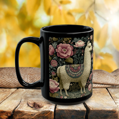 Botanical Llama Coffee Mug, William Morris Inspired Floral Black Ceramic Cup (11oz, 15oz)