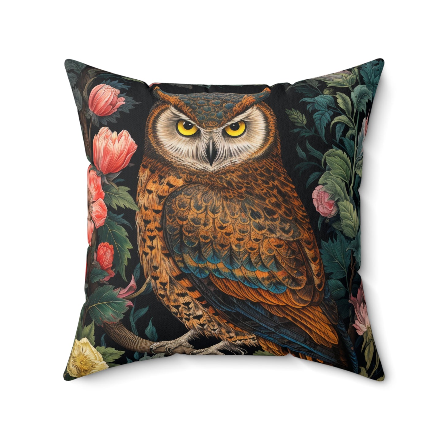 William Morris Inspired Night Owl Pillow, Decorative Owl Cushion, Spun Polyester Square Pillow