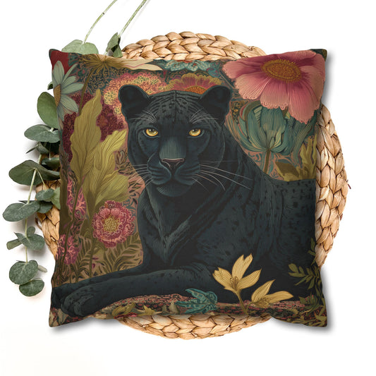 Black Panther Pillowcase, Elegant Botanical Animal Cushion, William Morris Inspired Floral Jungle
