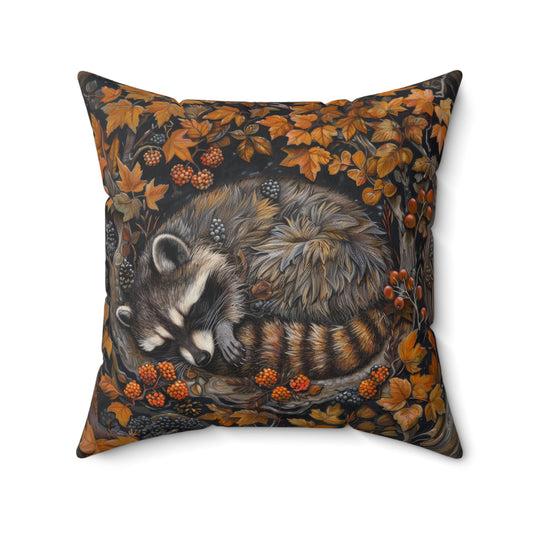 Woodland Sleeping Raccoon Pillow, Decorative Fall Cushion, William Morris Inspired Home Decor Ancient Fall Forest Theme