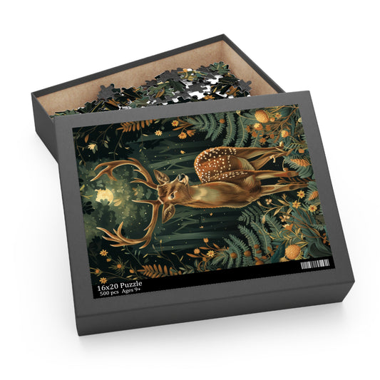 William Morris Inspired Forest Deer Jigsaw Puzzle Box | Cottage-core Art Nouveau Puzzle Box (120, 252, 500-Piece)