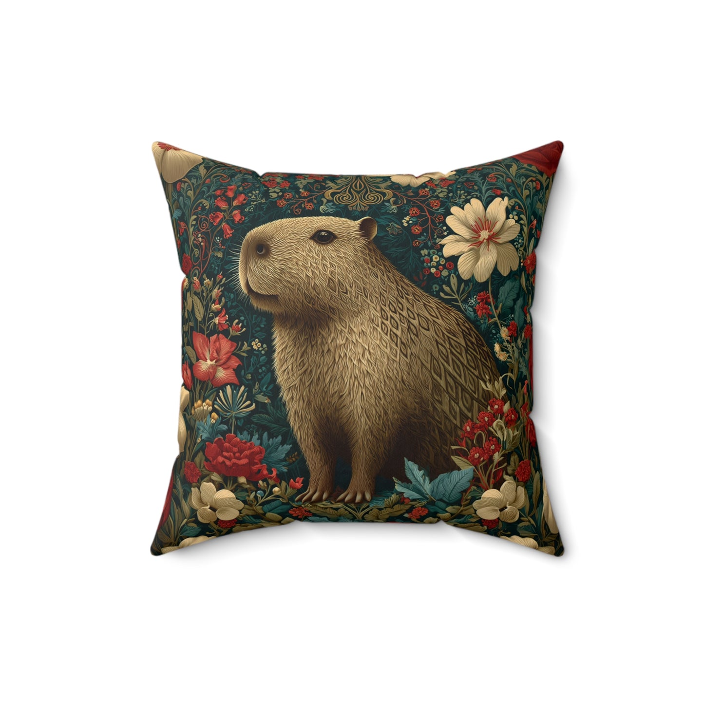 Capybara Floral Pillow, William Morris Style Botanical Animal Cushion for Cozy Home Decor
