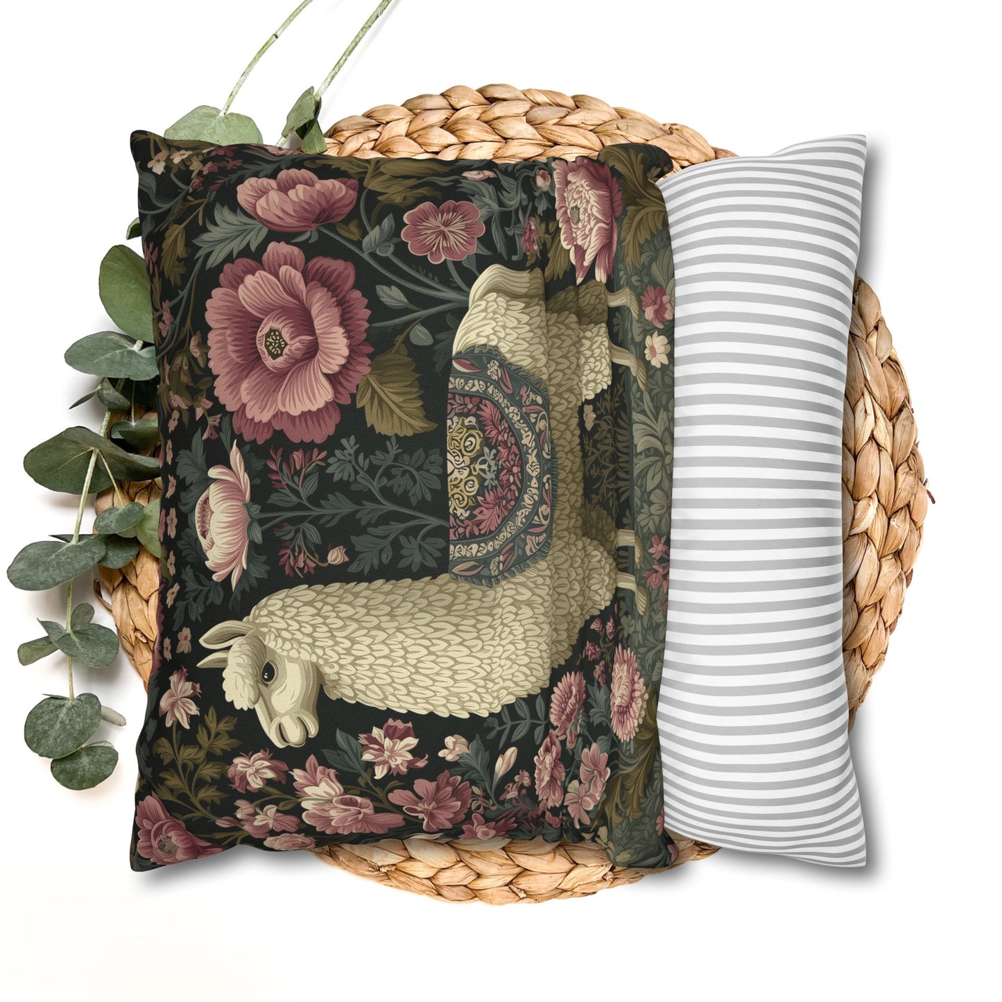 Llama Floral Pillowcase, William Morris Style Animal Cushion with Vintage Botanical Design