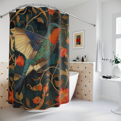 William Morris Inspired Floral Hummingbird Art Bathroom Decor Nature Pattern Shower Curtain