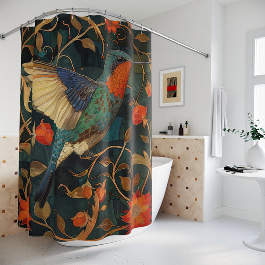 William Morris Inspired Floral Hummingbird Art Bathroom Decor Nature Pattern Shower Curtain