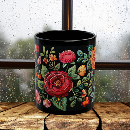 Vintage Roses Pattern Embroidery Black Mug 11oz/15oz