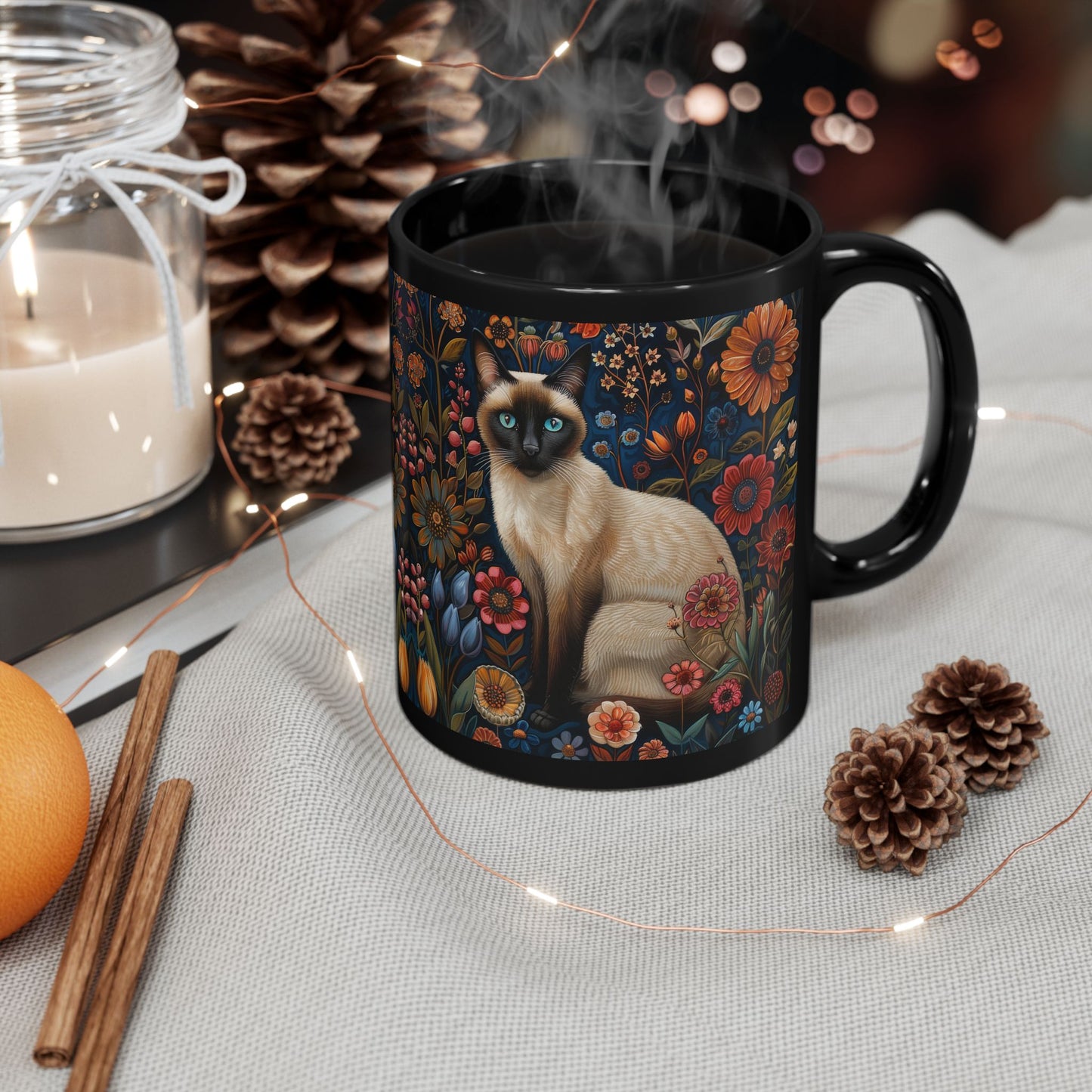 Siamese Cat Coffee Mug: William Morris Floral Design, Black Ceramic (11oz, 15oz)