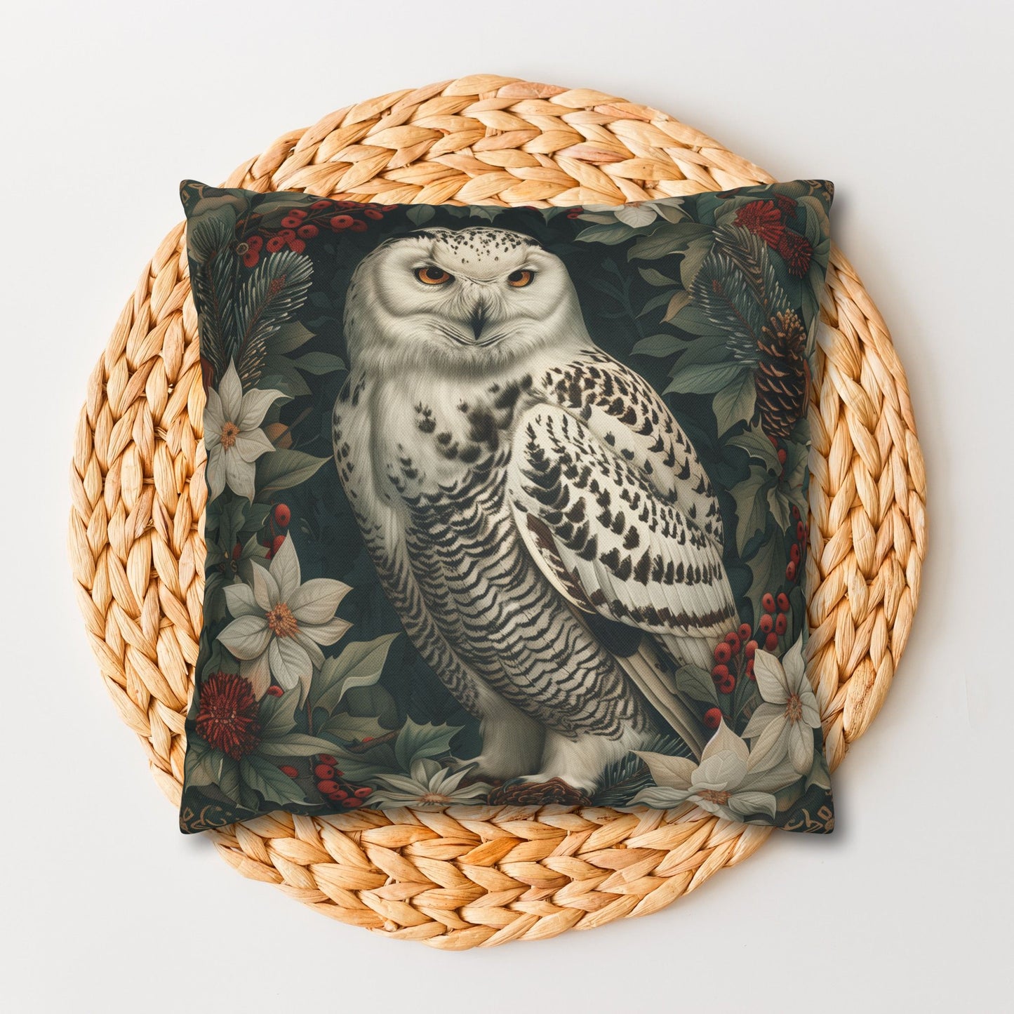 Snowy Owl Pillowcase, Winter Woodland Cushion, William Morris Inspired