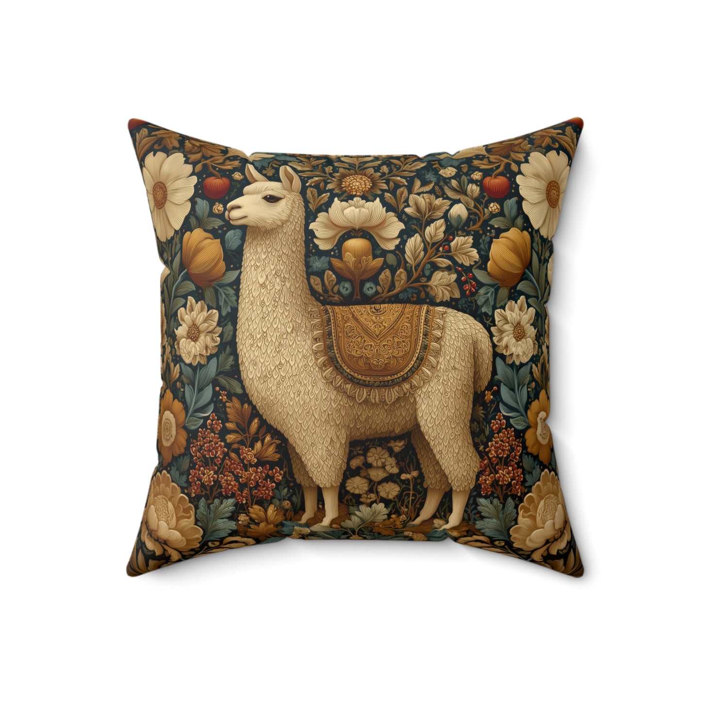 Golden Alpaca Floral Pillow, William Morris Style Botanical Animal Cushion Home Décor
