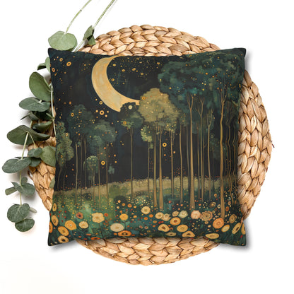 Moonlit Forest Decorative Pillowcase, Gustav Klimt Inspired Night Sky Botanical Cushion