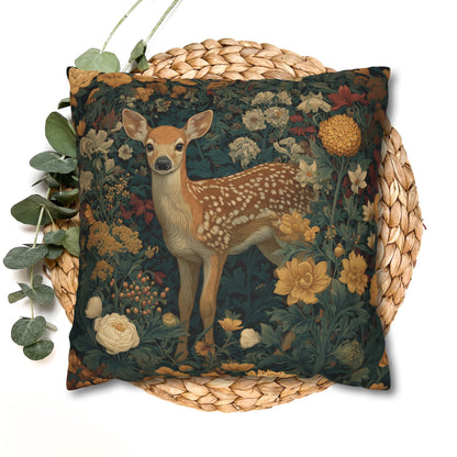 Poly Woodland Fawn Floral Pillowcase, William Morris Style Baby Deer Botanical Decorative Cushion