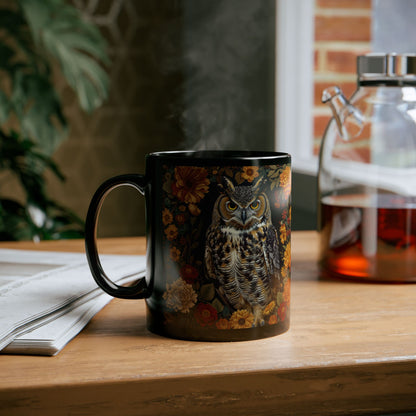 Black Mug, William Morris Inspired Great Horned Owl Fall Florals Ceramic Cup, Coffee Lover Gift, Unique Home Decor, Halloween Tea Cup,