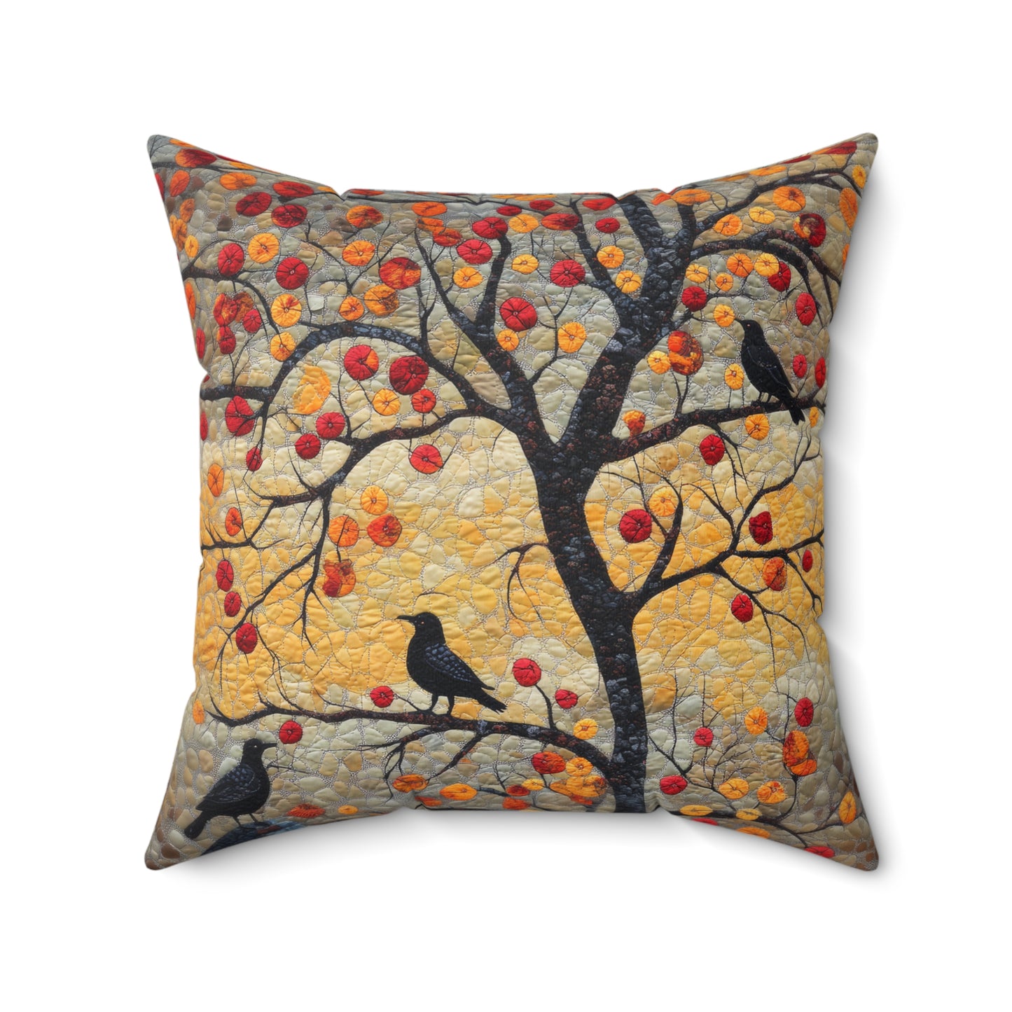 Crows With Autumn OakTree Decorative Pillow, Mosaic Art Style, Fall Pillow Home Decor