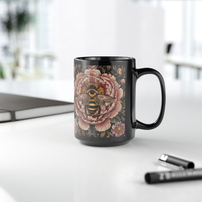 William Morris Inspired Bumblebee Pink Peony Black Coffee Mug For Her Him Ceramic Mug Black Mug 11oz, 15oz