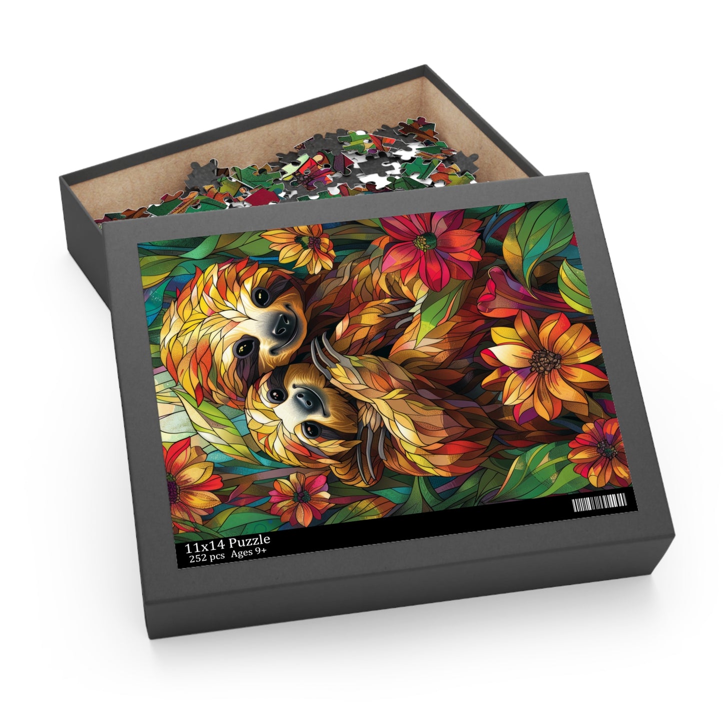 Faux Stained Glass Cuddling Sloth Puzzle Box (120, 252, 500-Piece) Family Jigsaw Puzzle, Puzzle Box Gift