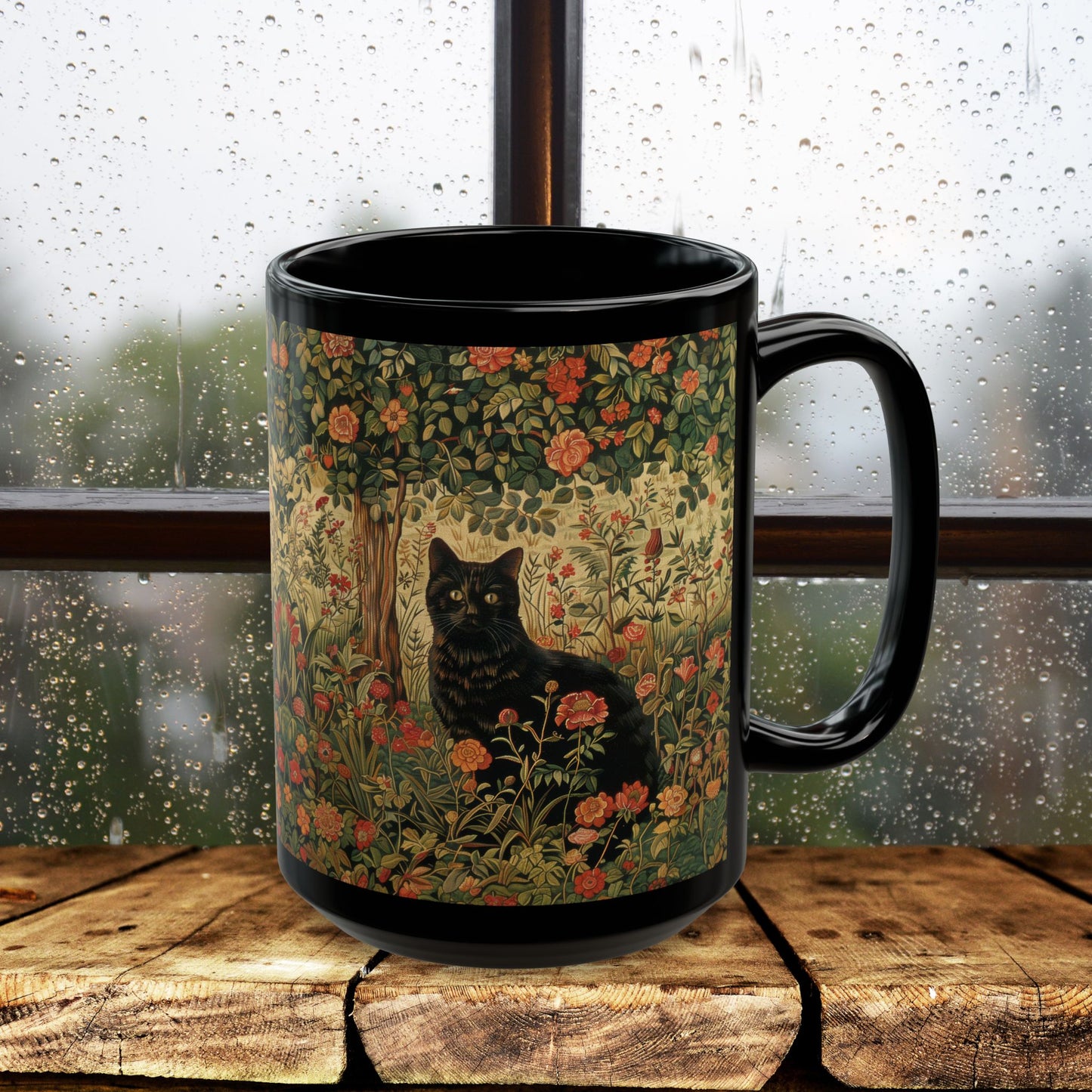 Black Cat Floral Mug, William Morris Style Botanical Cat Coffee Mug, Dark Academia Black Ceramic Mug 11oz & 15oz