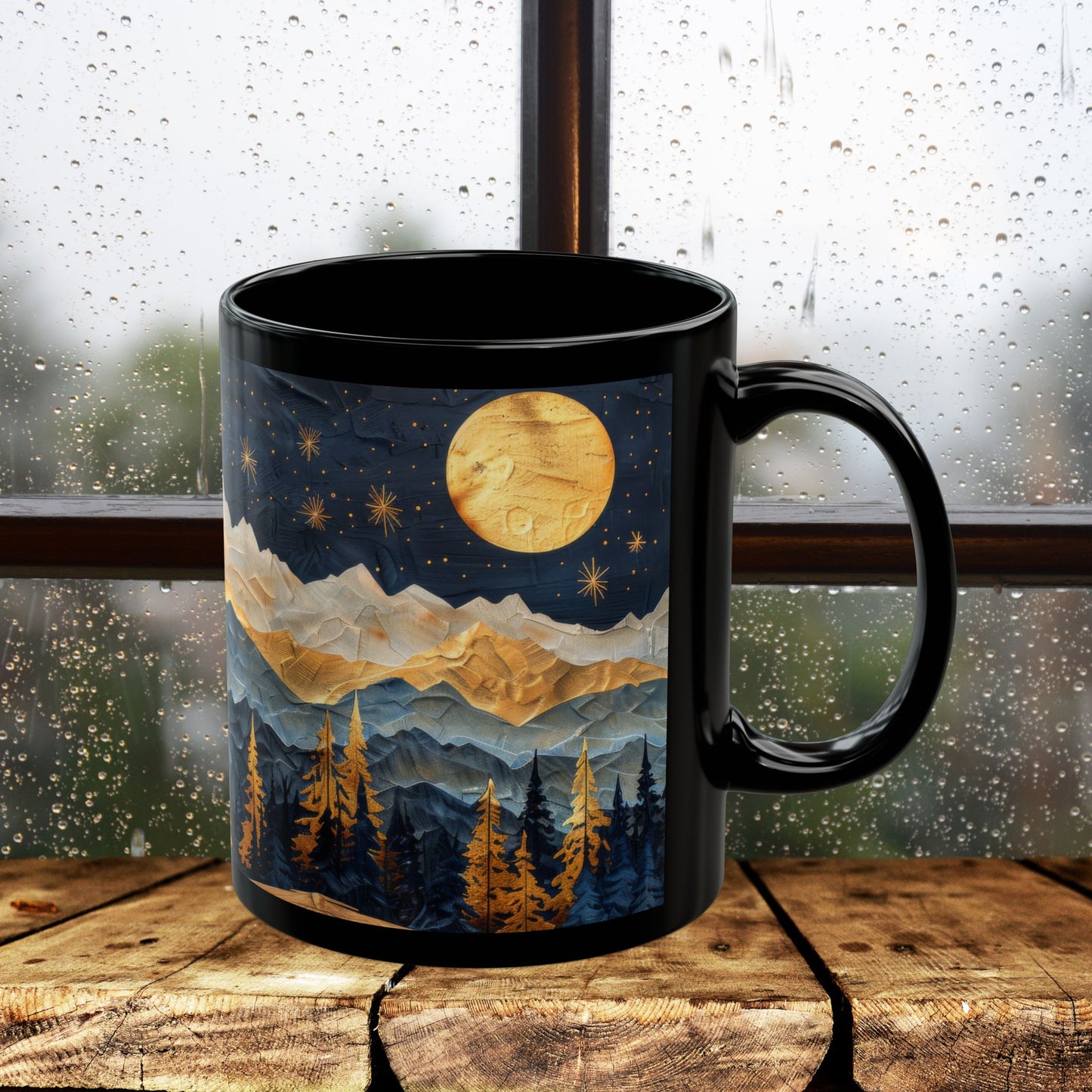 Mountain &amp; Pine Trees Black Coffee Mug, Carved Wood Style Landscape, Starry Night Moonlit Forest Cup, Nature Lover Gift (11oz/15oz)