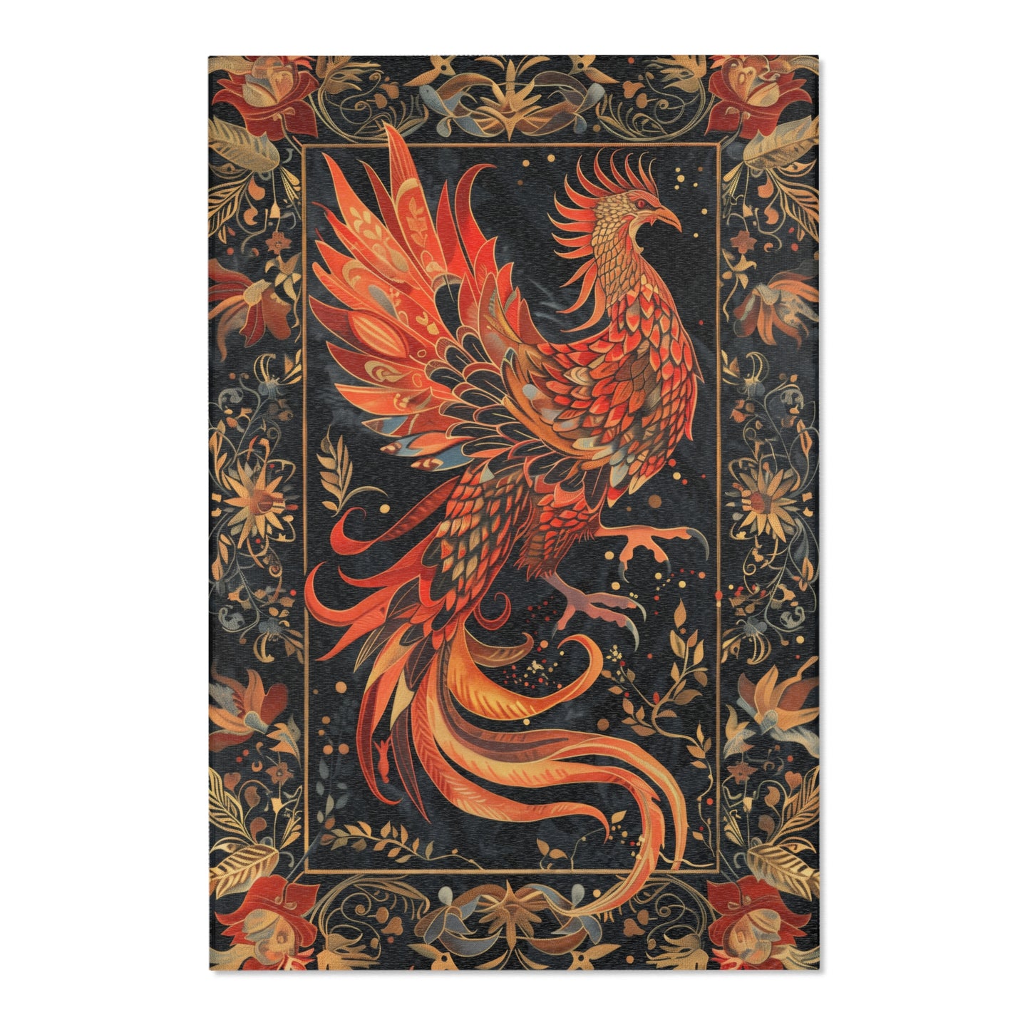 hoenix Rising Tapestry Area Rug – Elegant Black & Gold Mythical Bird Design for Living Room, Bedroom, or Entryway