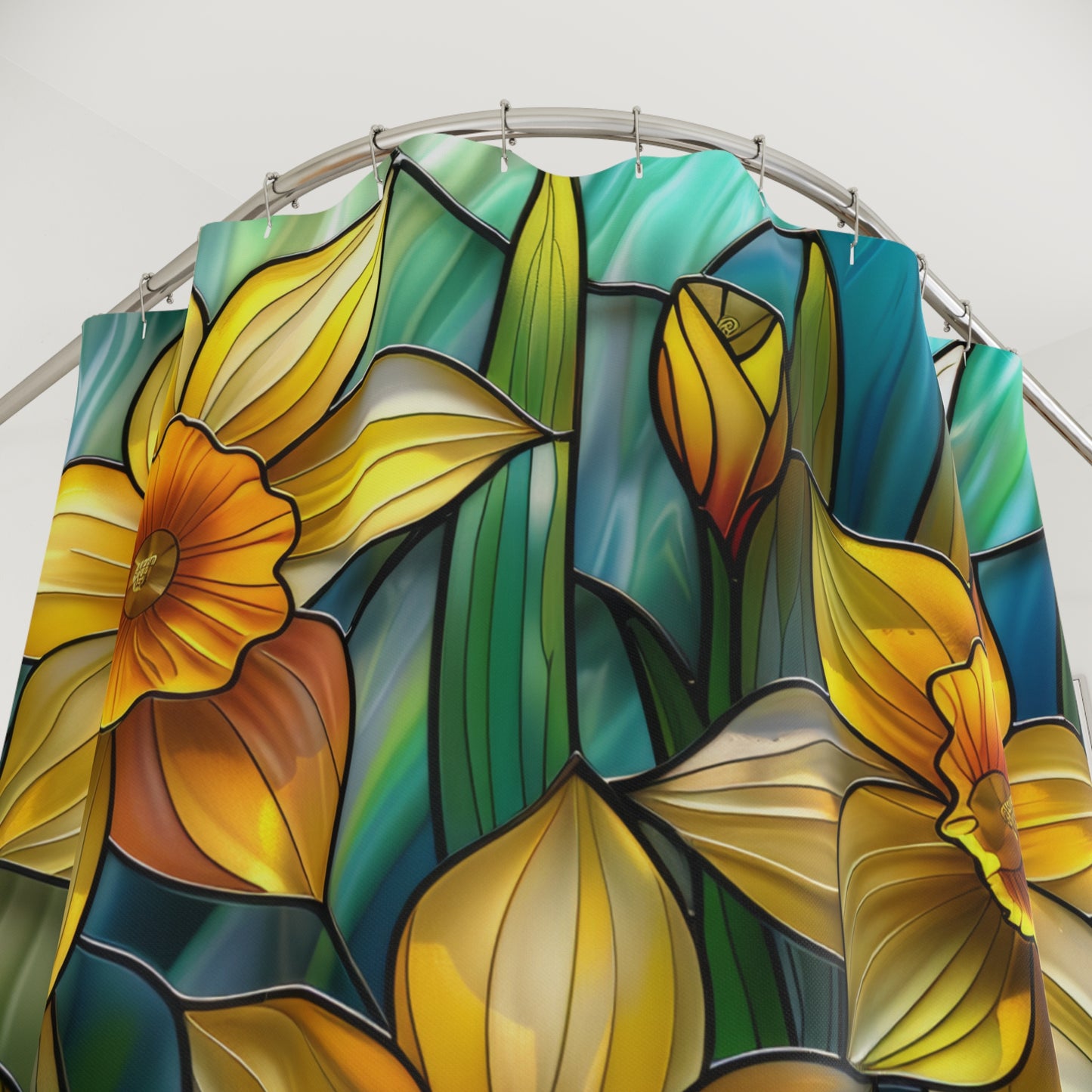 Faux Stained Glass Daffodil Flowers Polyester Shower Curtain