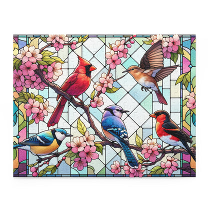 Stained Glass of 5 Spring Birds Jigsaw Puzzle (120, 252, 500-Piece) Adult Jigsaw Puzzle, Gift Him Her