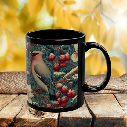 Waxwing Bird Vintage Berry Botanical Black Mug (11oz,15oz) Nature Lover Wildlife Art Gift