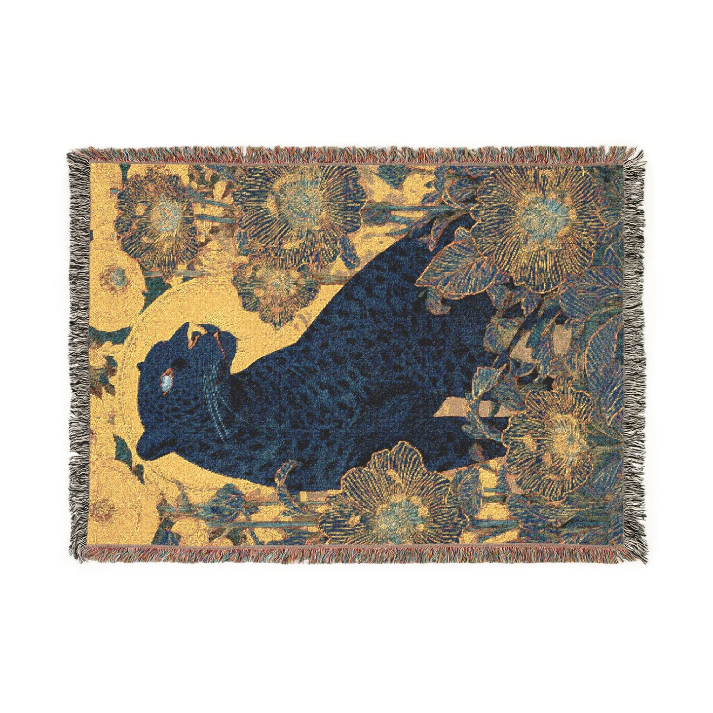 Midnight Bloom Panther Woven Blanket, Art Nouveau Floral Jungle Throw
