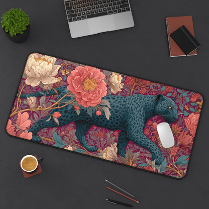 Midnight Panther Peony Desk Mat, William Morris Inspired Floral Mouse Pad, Aesthetic Workspace Decor, Botanical Desk Pad