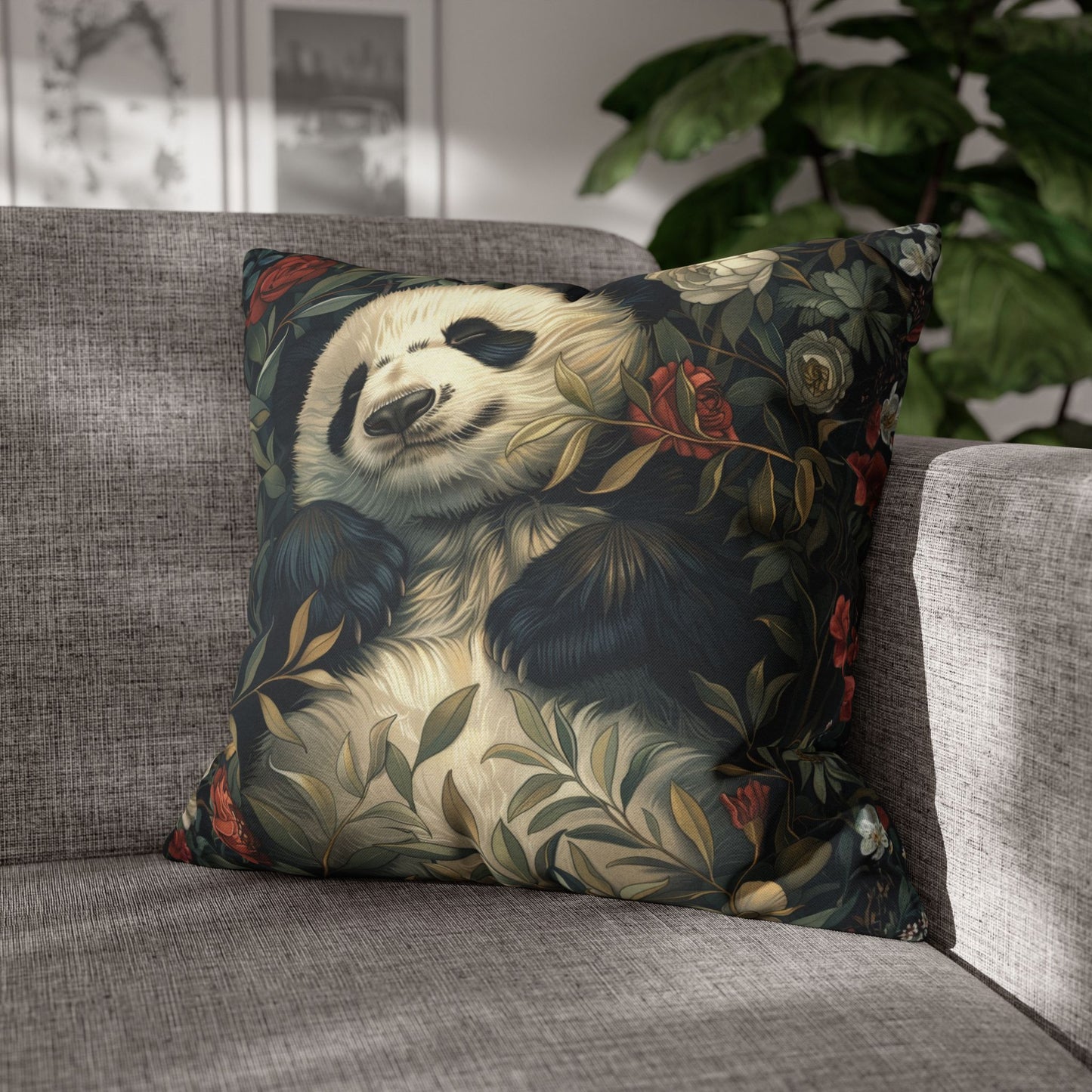 Panda Floral Throw Pillowcase - Vintage Botanical Spun Polyester Cushion Cover