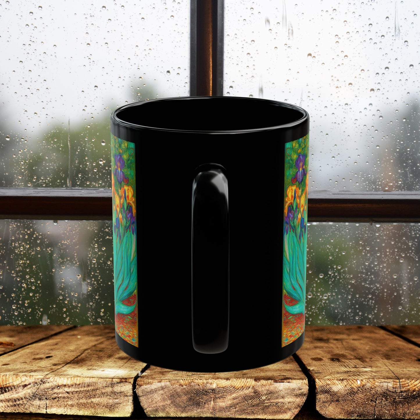 Black Cat Iris Mug, Van Gogh Inspired Cat Art Mug, Colorful Impressionist Floral Black Ceramic Mug, Artistic Cat Lover Gift, 11oz & 15oz