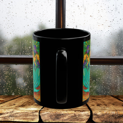 Black Cat Iris Mug, Van Gogh Inspired Cat Art Mug, Colorful Impressionist Floral Black Ceramic Mug, Artistic Cat Lover Gift, 11oz & 15oz