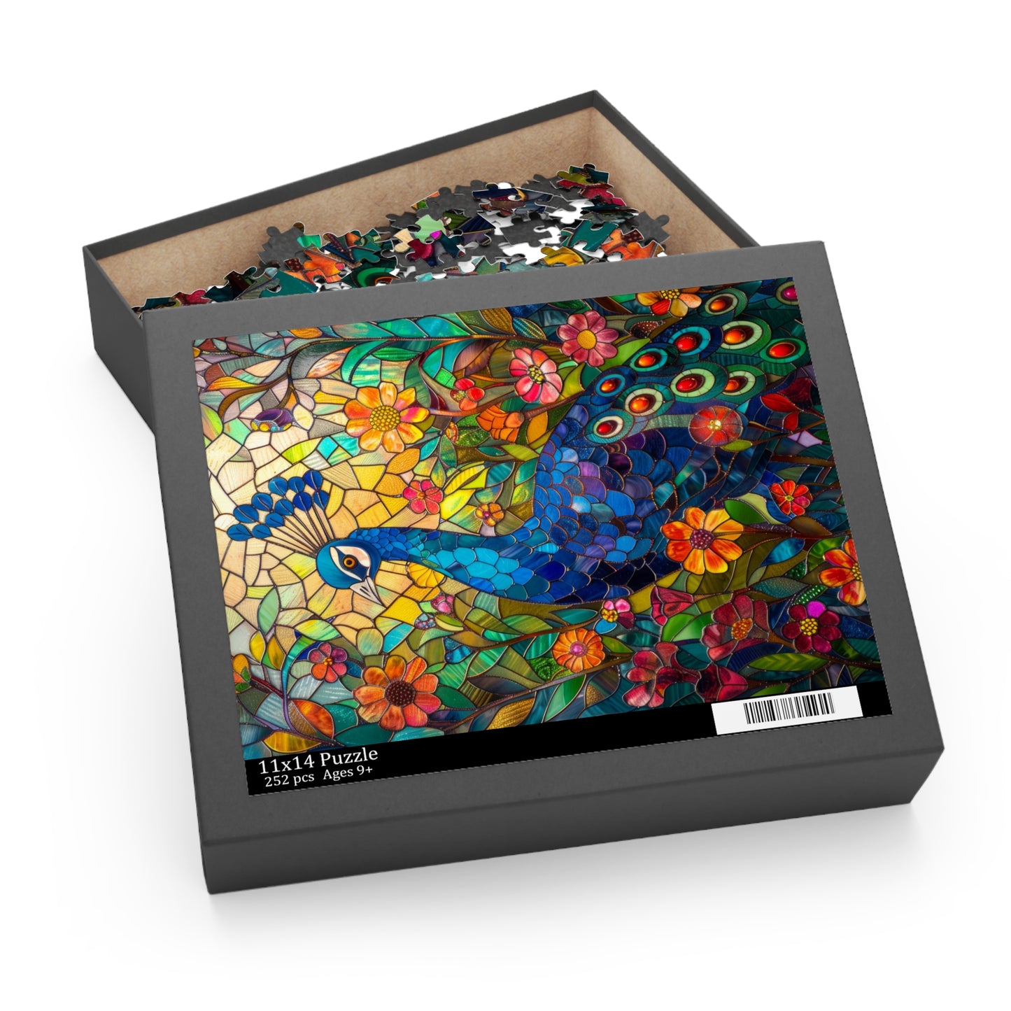 Stained Glass Peacock Wildflowers Puzzle Box (120, 252, 500-Piece) Family Jigsaw Puzzle, Puzzle Box Gift