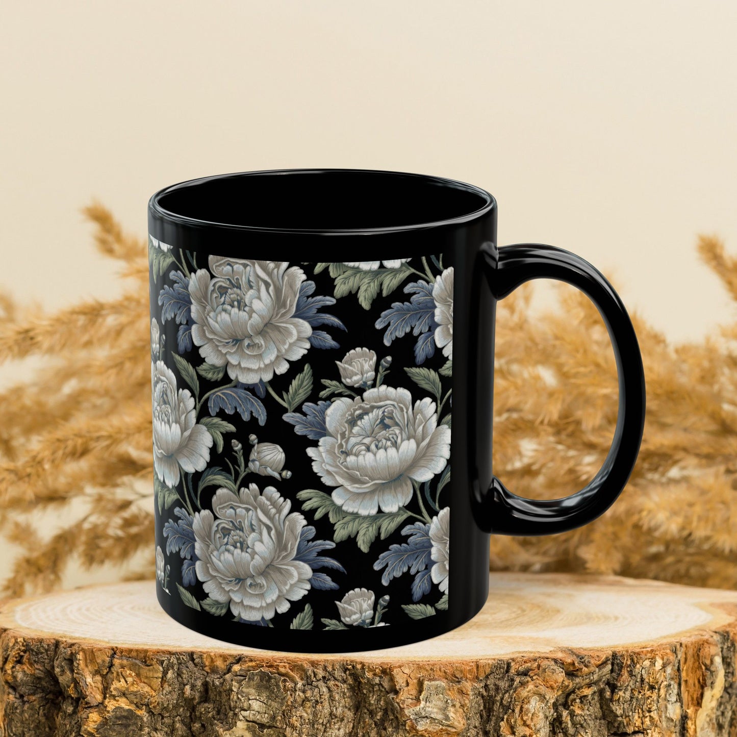 Vintage Roses Pattern Embroidery Black Mug 11oz