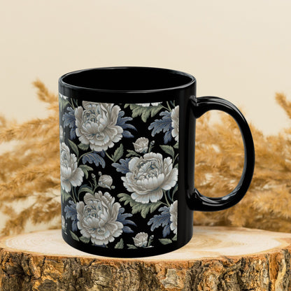 Vintage Roses Pattern Embroidery Black Mug 11oz