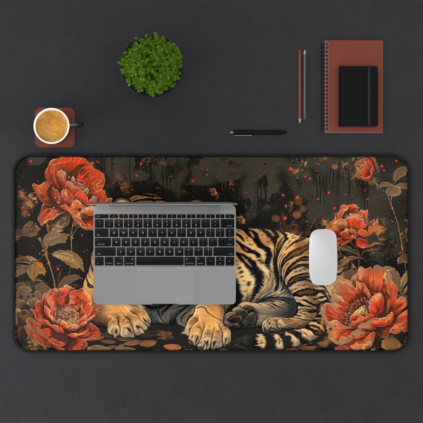 Art Deco Tiger Floral Leopard Print Desk Mat - Gamer Keyboard Mouse Pad - Office Decor Gift, Desk Mats, Home Office Accessories, Gaming Desk