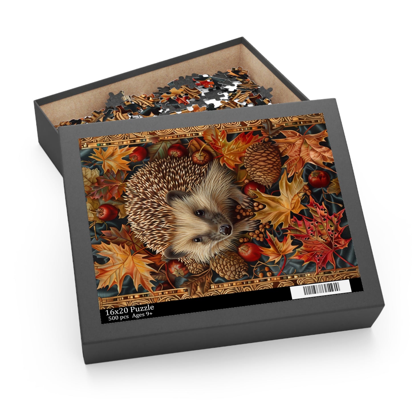 Hedgehog Fall Leaves William Morris Inspired Puzzle Box (120, 252, 500-Piece) Family Jigsaw Puzzle, Puzzle Box Gift