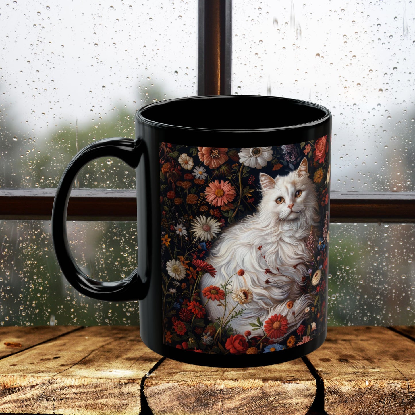 William Morris Inspired White Persian Cat Florals Garden Black Coffee Mug, Cat Lover Gift