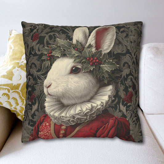 Christmas Rabbit Pillowcase, Holiday Bunny Cushion, Morris Inspired Festive Animal Throw Pillow for Cottagecore & Cozy Winter Décor