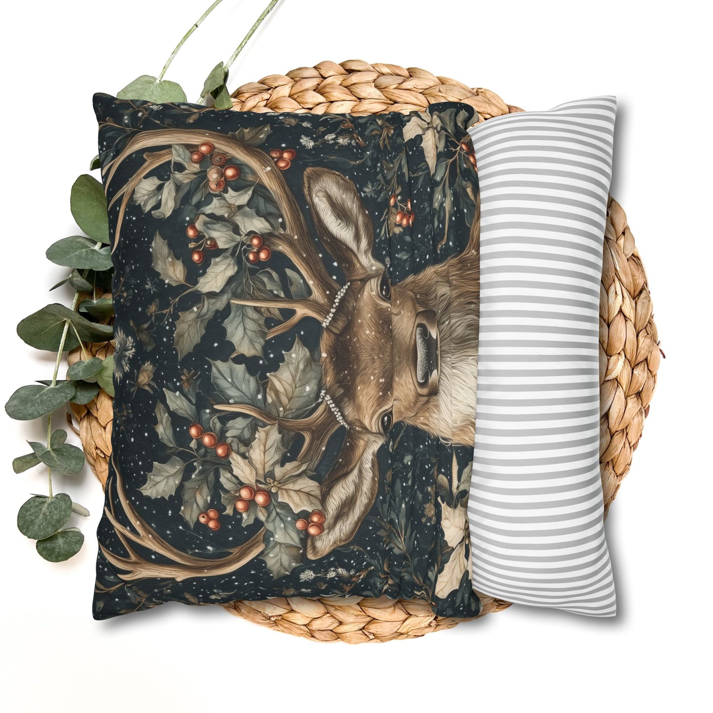 Christmas Reindeer Winter Pillowcase, William Morris Style Festive Woodland Decorative Cushion