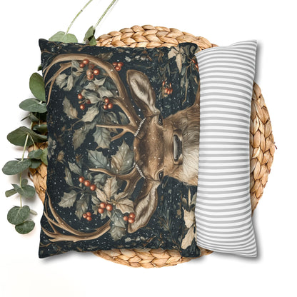 Christmas Reindeer Winter Pillowcase, William Morris Style Festive Woodland Decorative Cushion